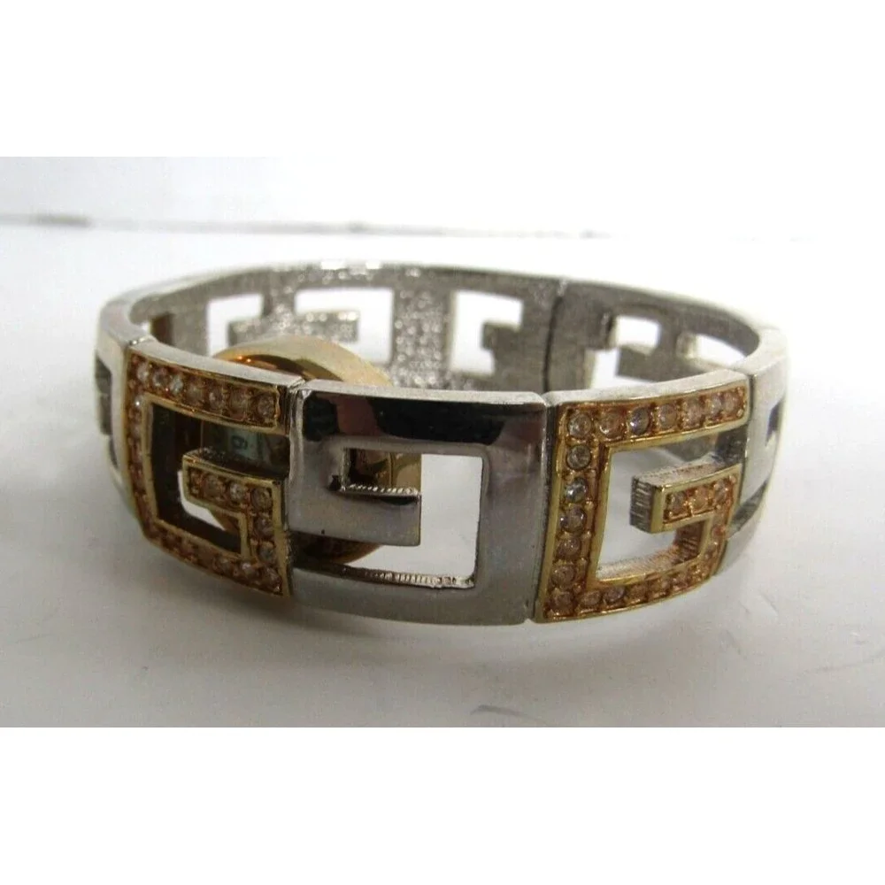 Guess Wrist Watch Vintage Goldtone Silver Rhinestone G Bangle Hidden Face Quartz